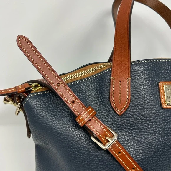 Dooney & Bourke Pebble Grain Zip Zip Satchel Navy & Tan Leather Purse - Picture 3 of 13